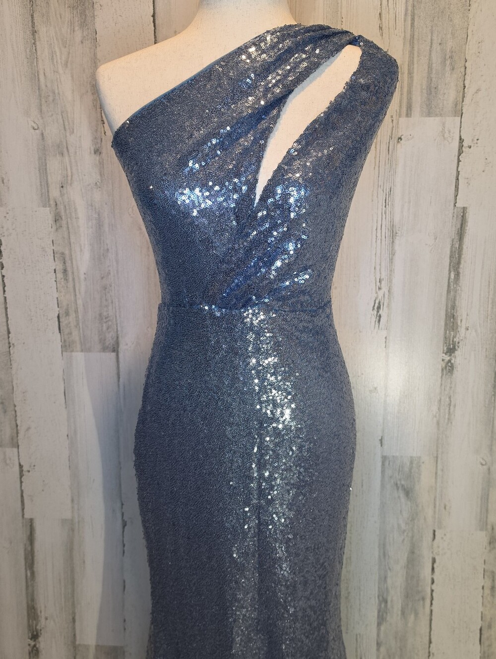 Akira One Shoulder Sequin Mermaid Gown Blue Formal Prom Dress Cutout Size L